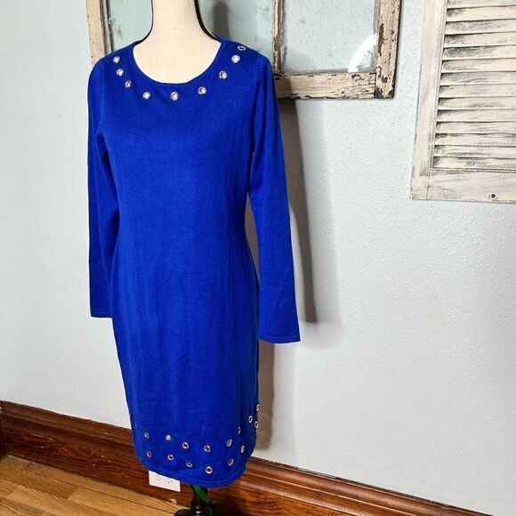 NY Collection Round Neck Long Sleeve Grommet Design Mini Dress Size Medium - Picture 2 of 11